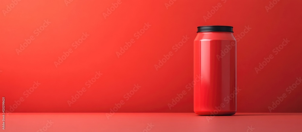 Poster Red jar on a solid red background with black lid featuring ample copy space for text placement
