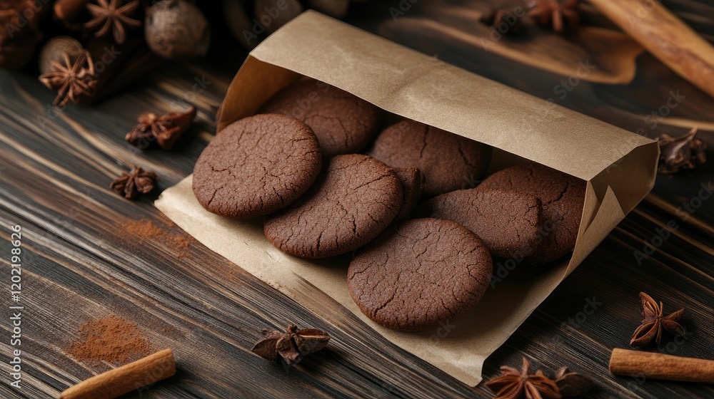 Poster chocolate cookies in a paper bag with cinnamon sticks and star anise on a wooden table copy space