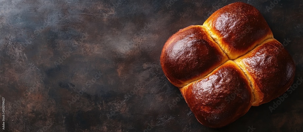 Poster freshly baked golden brown brioche bread rolls on a dark textured surface with copy space for text p