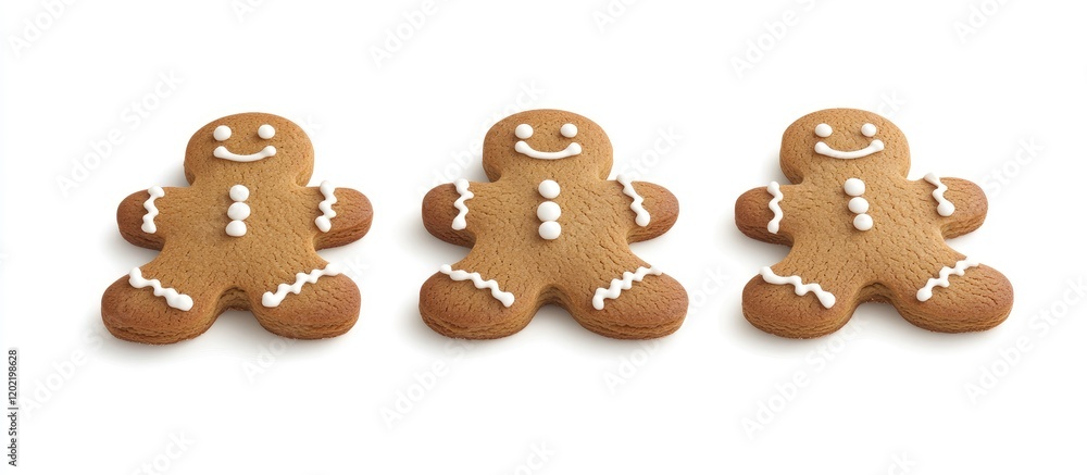 Poster Gingerbread cookies in various poses on a white background with copy space
