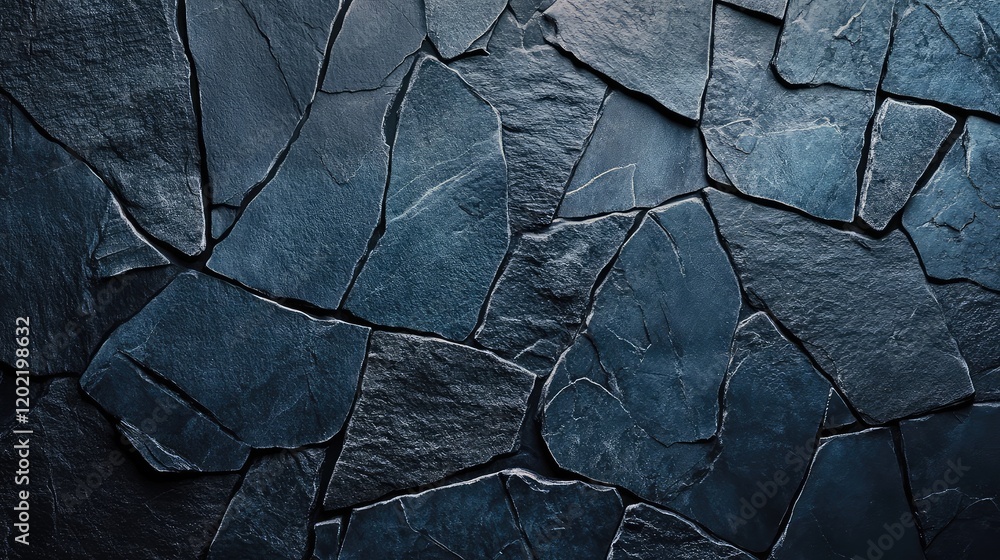 Poster Dark slate stone wall texture with irregular shaped stones and subtle lighting ideal for backgrounds with Copy Space.