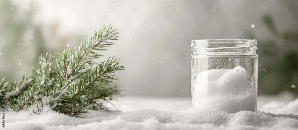 Poster Snowy winter scene featuring a glass jar filled with snow and a pine branch on a light background with snowflakes and copy space.