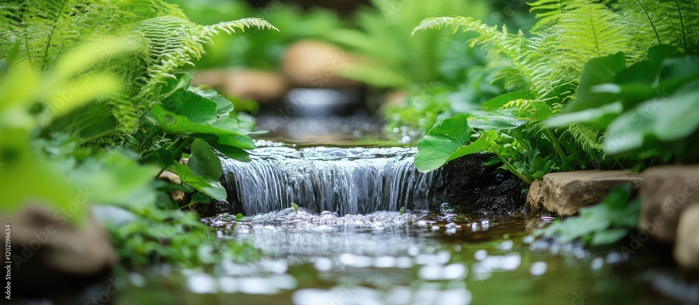 Aufkleber Small waterfall flowing through lush greenery with ferns and rocks in a natural setting Copy Space