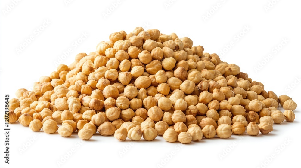 Poster heap of raw hazelnuts on white background with copy space for text or design