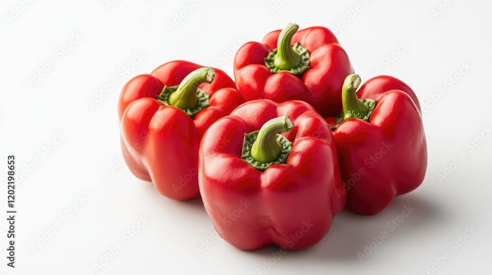 Poster Fresh red bell peppers stacked on a white background with Copy Space for text placement