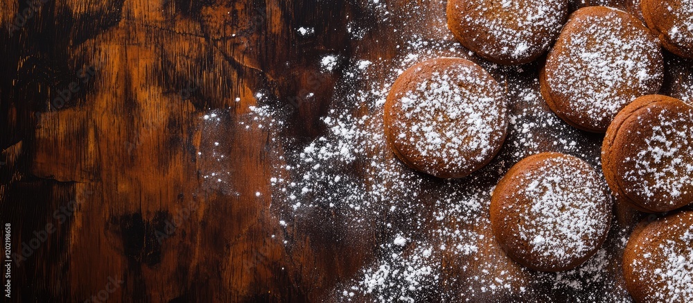 Poster Chocolate cookies dusted with powdered sugar on a wooden table surface with copy space for text.
