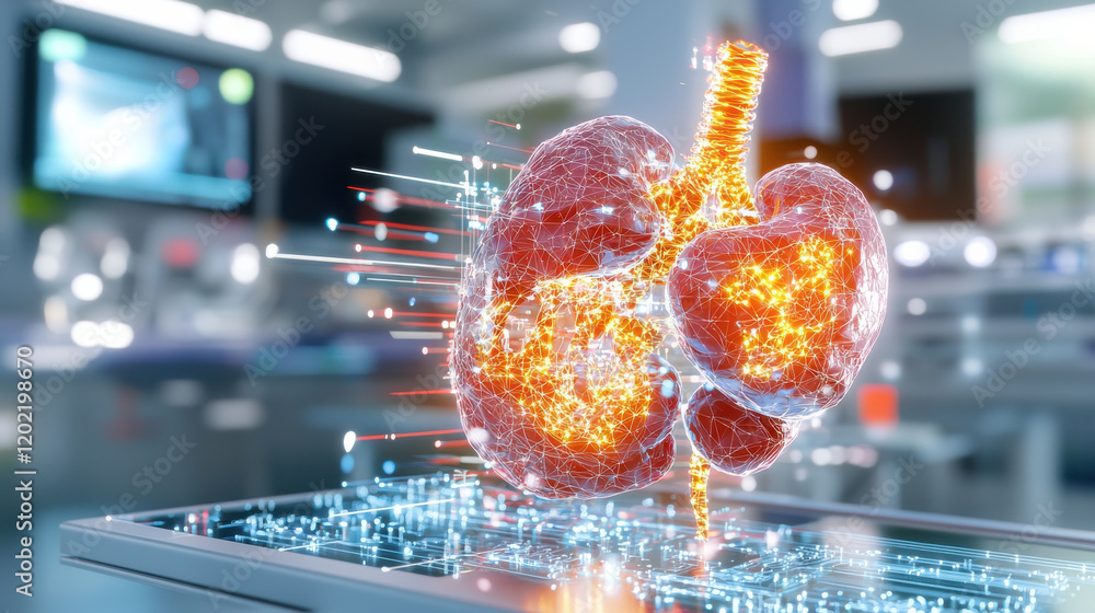 Poster 3d model of artificial lungs with glowing connections, showcasing advanced technology in medical lab