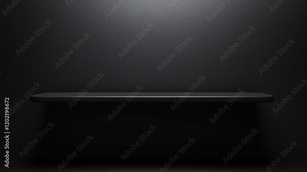Fototapete Empty black shelf against a dark wall with soft lighting and copy space for text placement