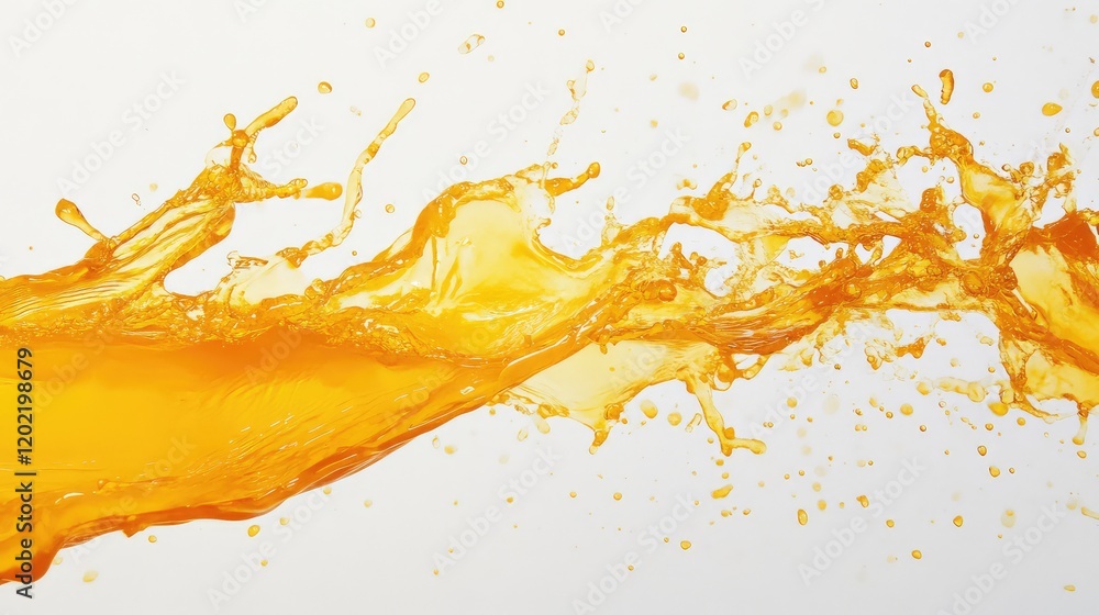 Poster Orange juice splash on white background with dynamic liquid movement and Copy Space for text placement.