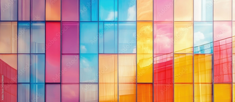 Aufkleber colorful abstract glass building facade with vibrant reflections and geometric patterns copy space