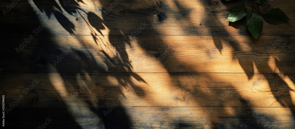 Poster shadows of leaves on wooden surface with natural light and copy space for text