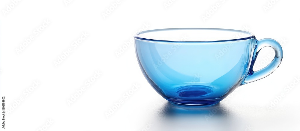 Aufkleber transparent blue glass tea cup on a reflective surface with copy space for text placement.