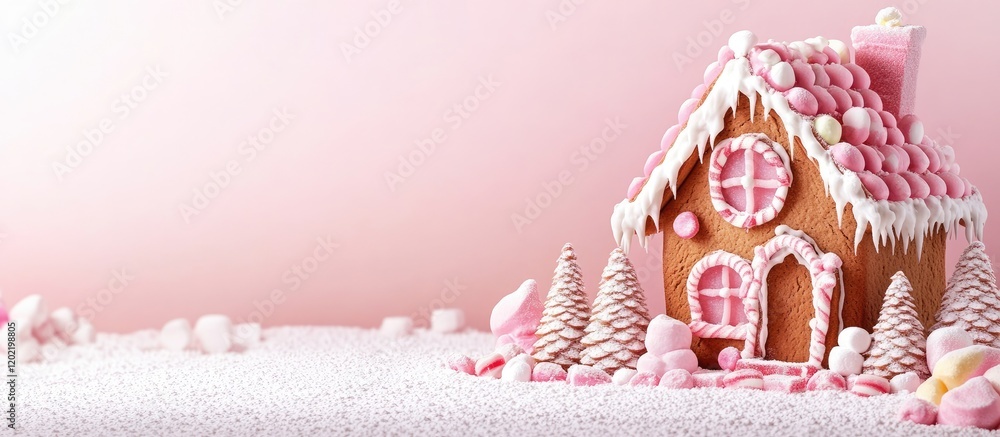 Poster gingerbread house with pink icing and decorations on a snowy surface with copy space for text