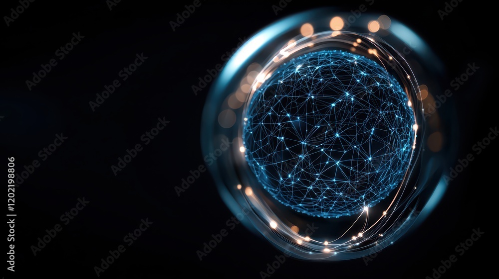 Poster close-up of a glowing sphere with intricate blue patterns.