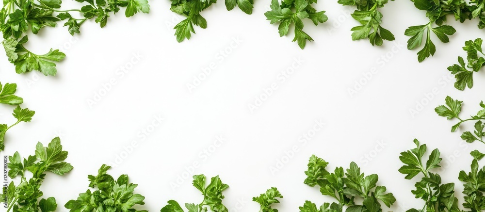 Aufkleber fresh green parsley leaves arranged on a clean white background with copy space for text placement.