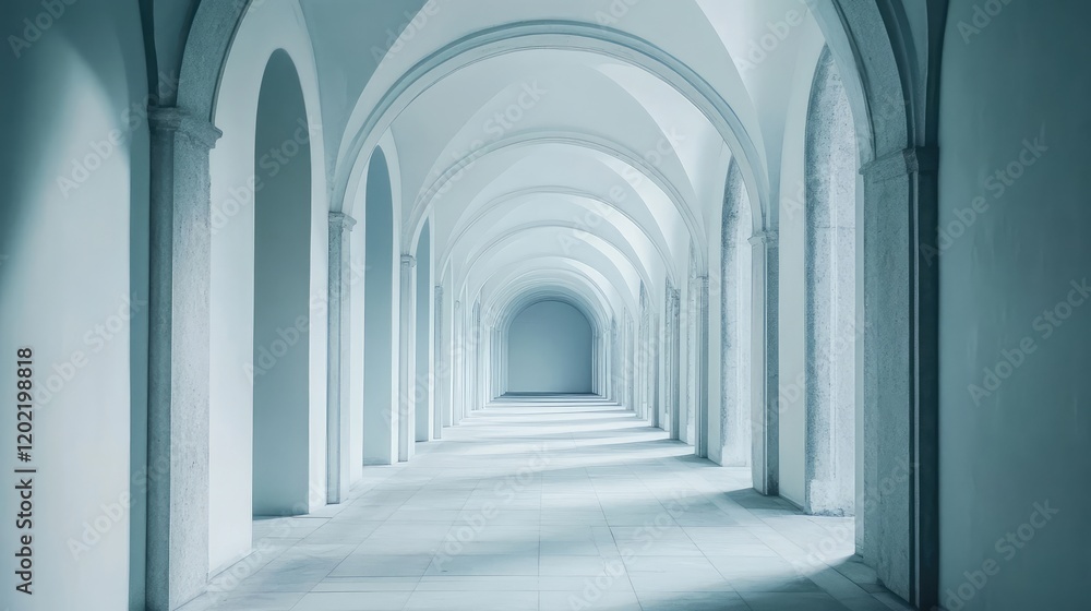 Poster minimalist architectural interior with arched columns and tranquil ambiance featuring copy space for
