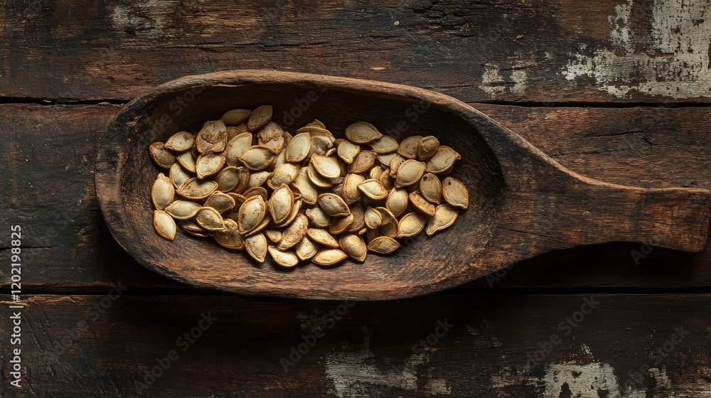 Poster Wooden spoon with pumpkin seeds on rustic wooden surface with visible texture and copy space for text placement