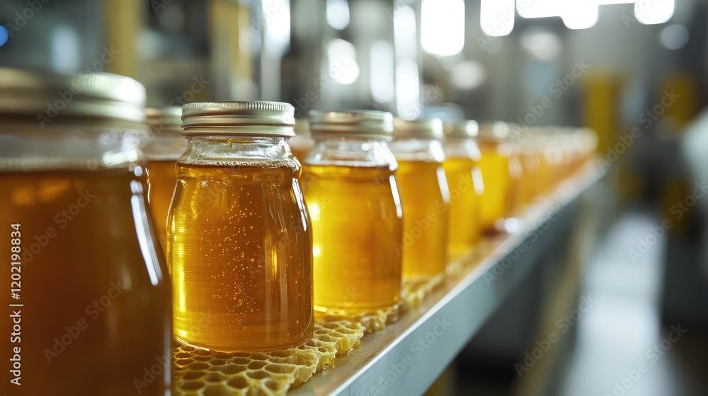 Poster honey jars in a production line on honeycomb with bright background and copy space for text.