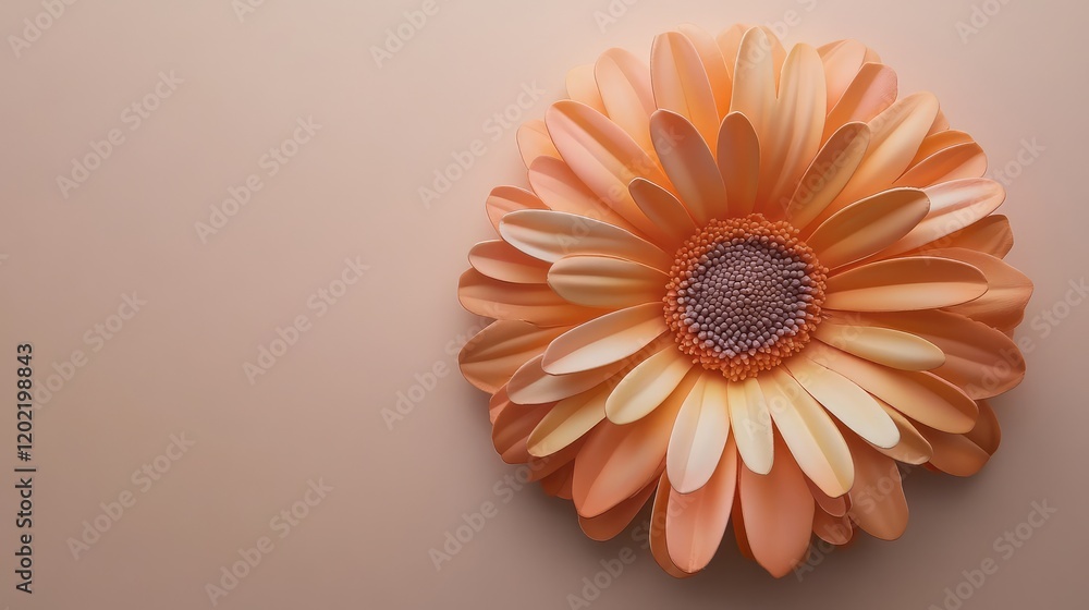 Poster peach colored flower on a smooth beige background with ample copy space for text placement
