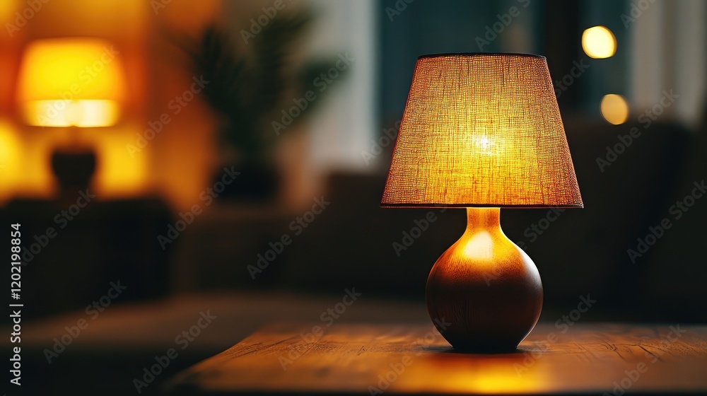 Leinwandbilder Table lamp with warm light in cozy interior setting with soft bokeh background and copy space for text