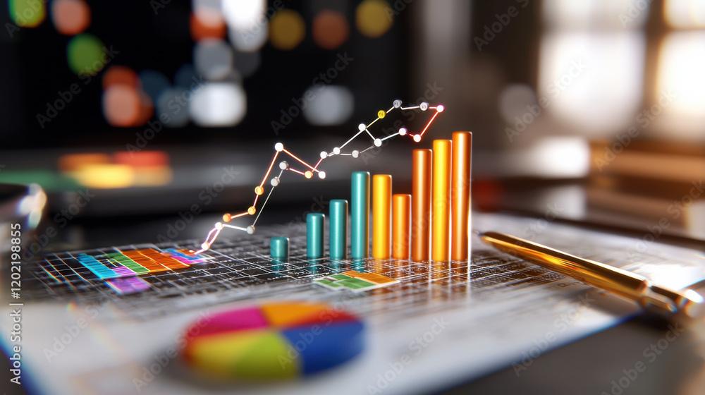 Leinwandbilder vibrant display of bar graphs, pie charts, and line trends showcasing data analysis and growth. colorful visuals represent business insights and statistics