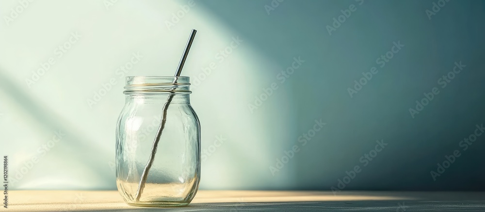 Poster glass jar with a metal straw on a wooden surface illuminated by soft light with copy space for text 