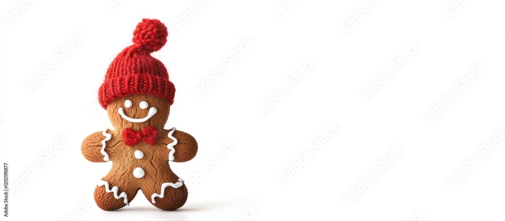 Aufkleber gingerbread cookie in a red knitted hat with icing decoration on a white background with copy space