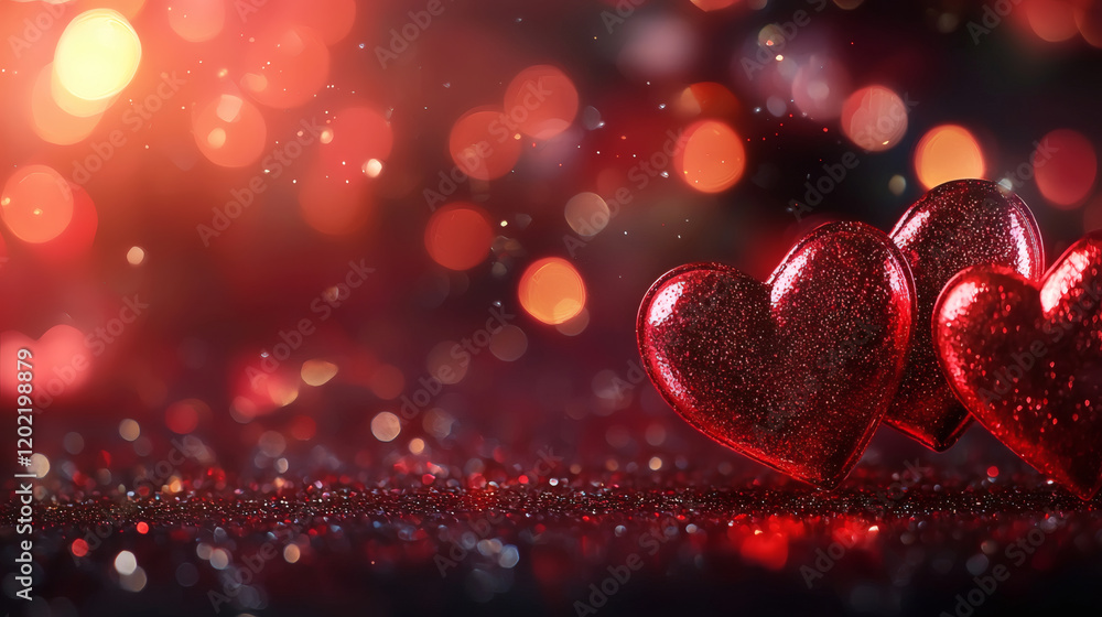 Aufkleber shimmering red hearts on romantic background with sparkling bokeh lights create warm and loving atmo