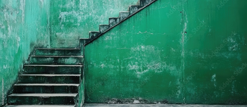 Poster green grungy wall with worn staircase in urban interior space showcasing texture and depth copy spac