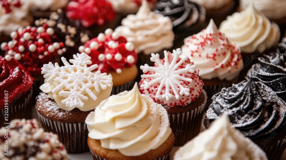 Poster Assorted festive cupcakes with decorative icing and toppings in various colors and designs on a display with Copy Space.