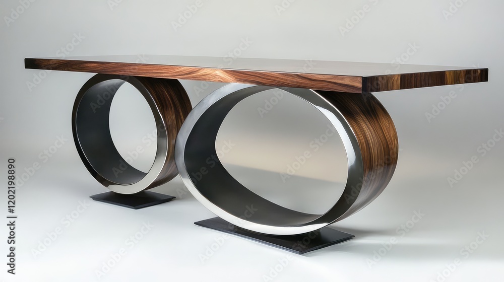 Poster Modern console table with unique abstract metal base and polished wood top on neutral background with Copy Space