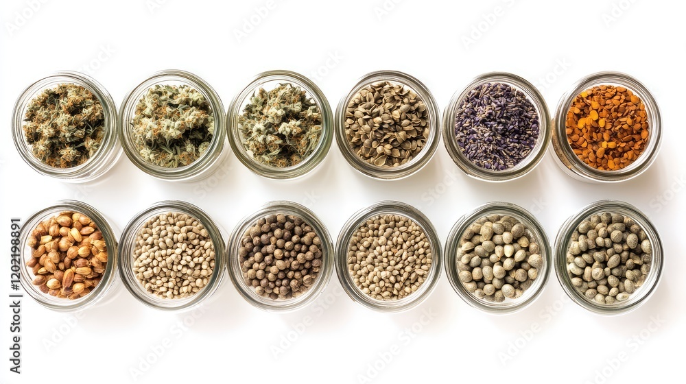 Poster Arranged jars of various seeds and dried herbs displayed on a white background with Copy Space for text insertion