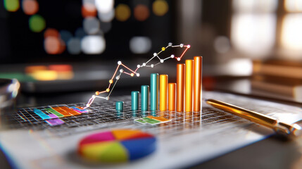 vibrant display of bar graphs, pie charts, and line trends showcasing data analysis and growth. colorful visuals represent business insights and statistics