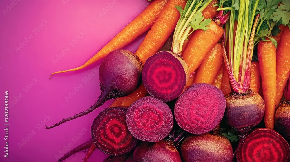 Poster Assorted fresh beetroots and carrots on a vibrant purple background with copy space for text