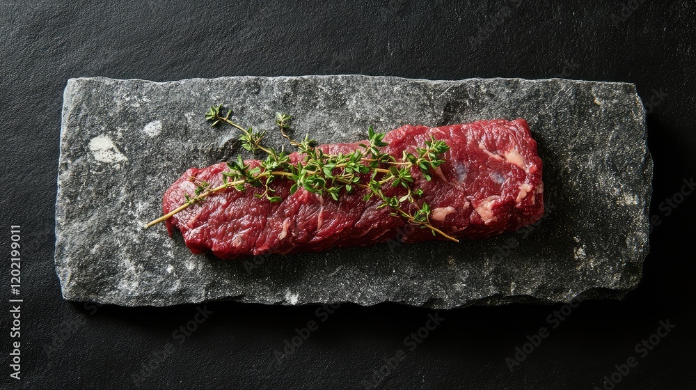 Poster raw beef steak with fresh thyme on a dark stone slab on a black background with copy space for text 