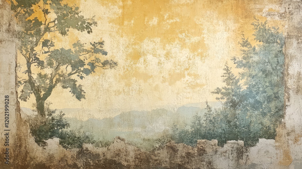 Poster Old wall mural depicting trees and mountains with a textured background in warm colors and copy space for text placement.