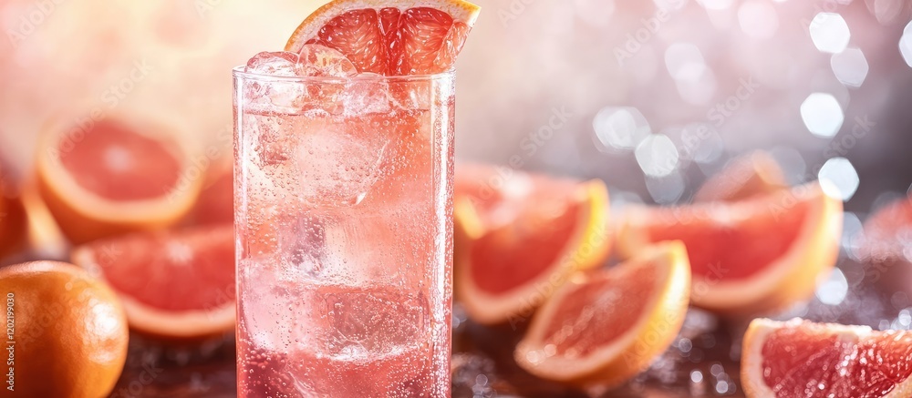 Poster Grapefruit cocktail in glass with ice and citrus slices on blurred sparkling background Copy Space