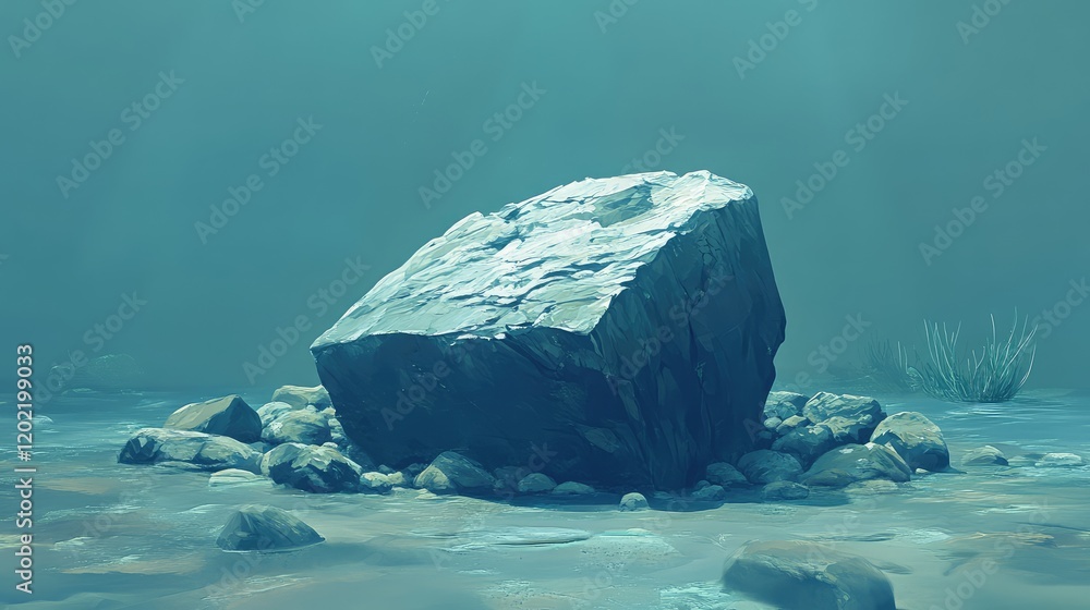 Poster underwater rock formation with stones surrounded by aquatic environment and soft light, copy space a