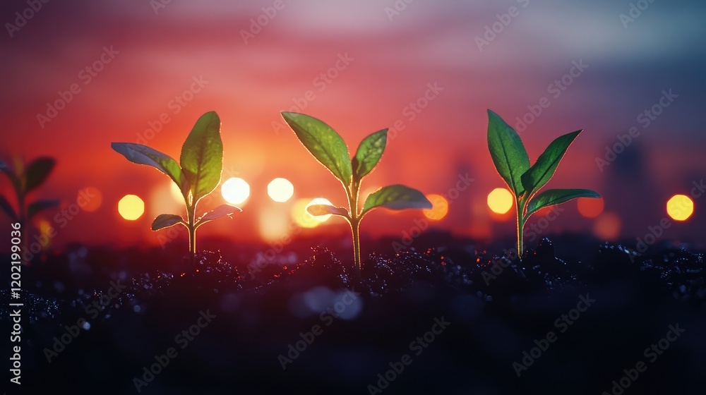 Poster young green plants sprouting from dark soil with a vibrant sunset in the background and blurry city 