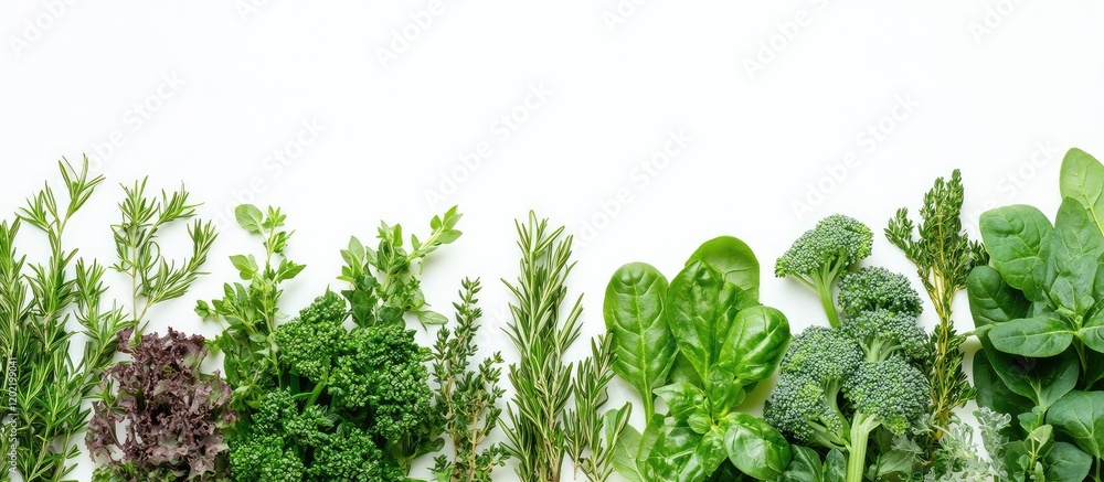 Poster Fresh assorted greens and herbs on white background with Copy Space for text placement