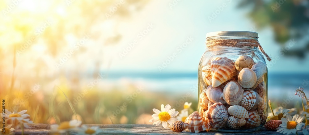 Poster glass jar filled with decorative easter eggs on wooden table with wildflowers and soft background of