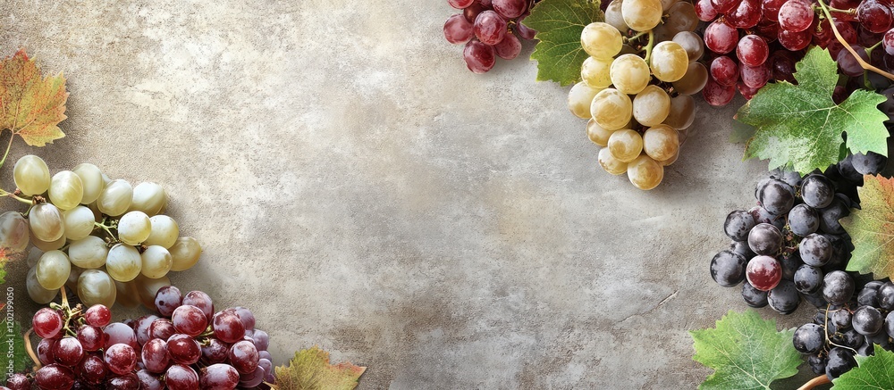 Aufkleber Fresh grapes in various colors and shades arranged around a textured surface with Copy Space for text placement