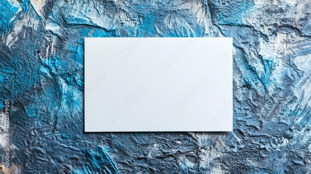 Poster blank business card on textured blue abstract background with copy space