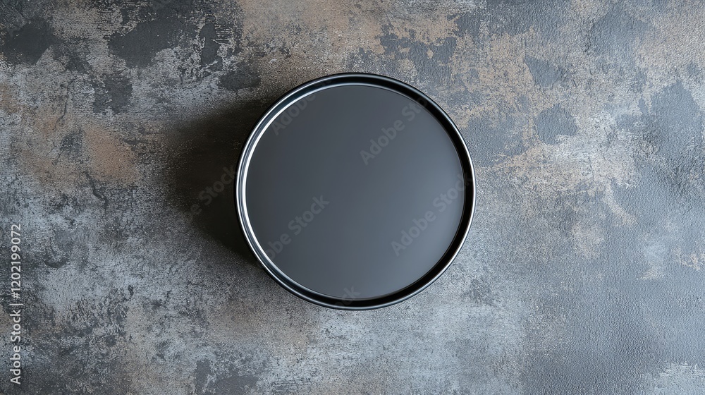 Aufkleber round black plate on a textured gray stone surface with copy space for text.