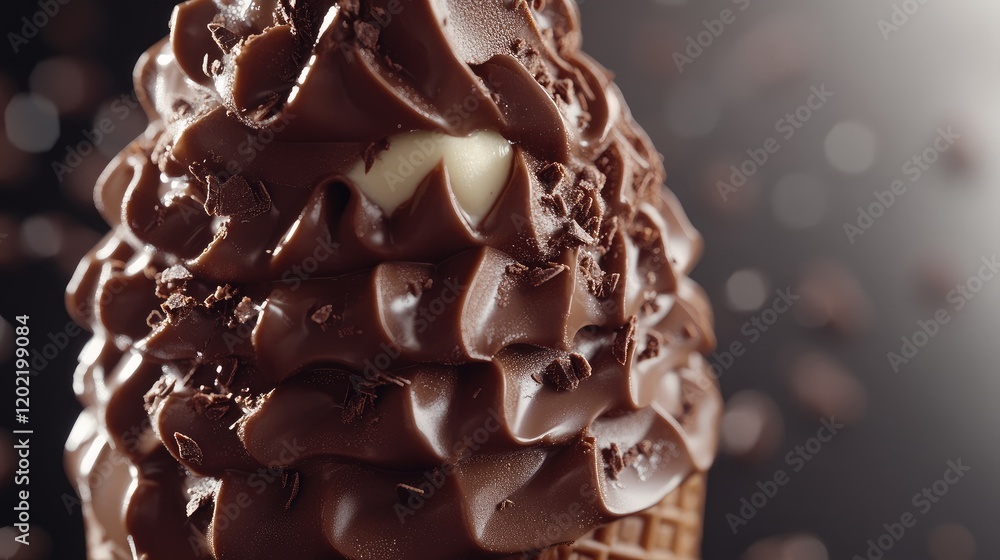 Poster chocolate ice cream cone with rich chocolate swirl and chocolate shavings against a dark background 