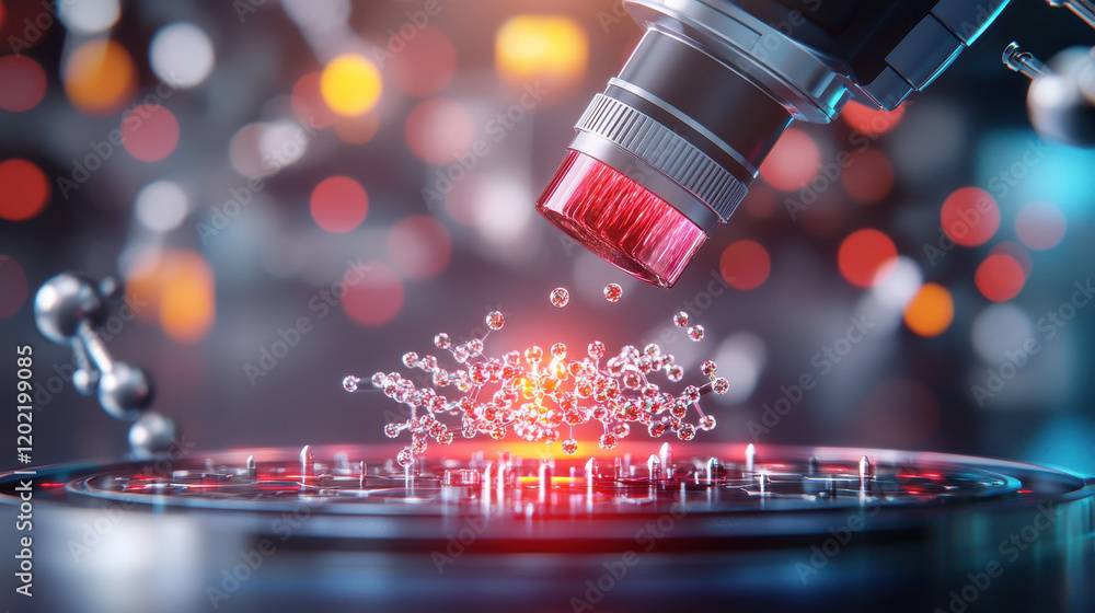 Fototapete close up view of microscope examining bio nano interfaces, showcasing vibrant particles and molecula