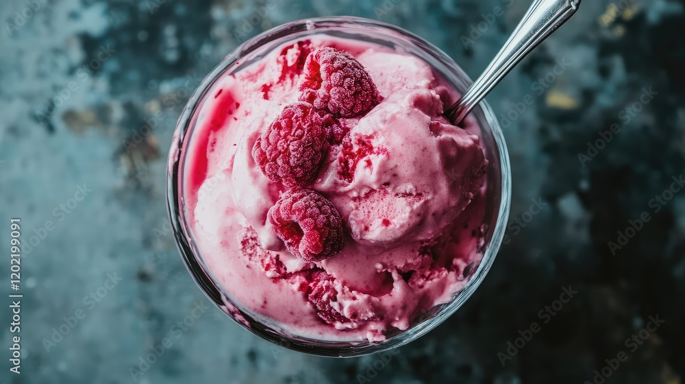 Poster raspberry ice cream in a glass bowl topped with fresh raspberries on a textured surface with copy sp