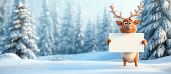 Cartoon reindeer holding blank sign in snowy winter landscape with evergreen trees and soft blue sky Copy Space