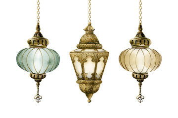 Hanging Lantern Clip Art Set. Arabic style golden lamp. Watercolor hand painted isolated illustration for Ramadan Eid