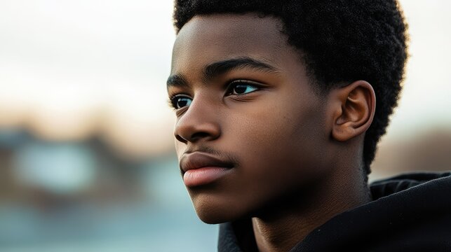 Teenage boy with curly hair looking thoughtfully into the distance with a blurred background and copy space for text